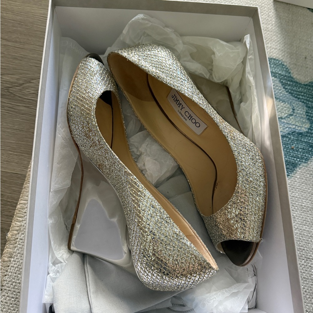 Jimmy Choo Sparkling Silver Peep Toe Heels